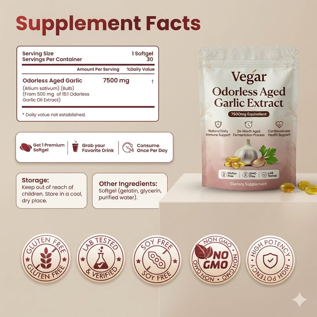 Extracto de Ajo Envejecido - Cápsulas Blandas Inodoras de 7500mg