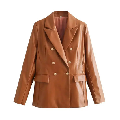 Women's 2024 New Fashion Flip Decoration Casual Double breasted PU Leather Suit Coat Retro Long sleeved Women's Coat