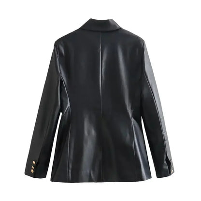 Women's 2024 New Fashion Flip Decoration Casual Double breasted PU Leather Suit Coat Retro Long sleeved Women's Coat